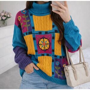Vintage Colorblock Floral Sweater Turtleneck Oversized Cozy M L